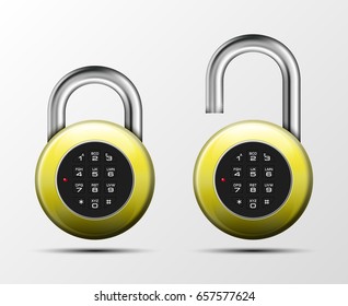 Vector realistic open & close padlock. Steel Mechanical Combination lock. Privacy illustration Enter the PIN code. Electronic lock icon. Reliable Protection badge. Code combination open & close symbol