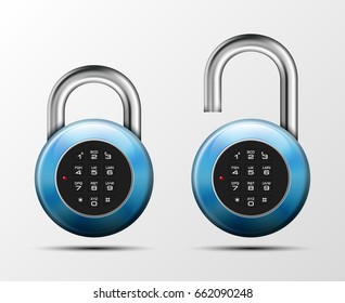 Vector realistic open & close padlock. Steel Mechanical Combination lock. Privacy illustration Enter the PIN code. Electronic lock icon. Reliable Protection badge. Code combination open & close symbol