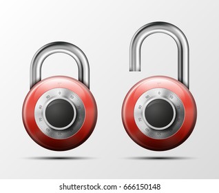 Vector realistic open & close padlock. Steel Mechanical Combination lock. Privacy illustration Enter the PIN code. Electronic lock icon. Reliable Protection badge. Code combination open & close symbol