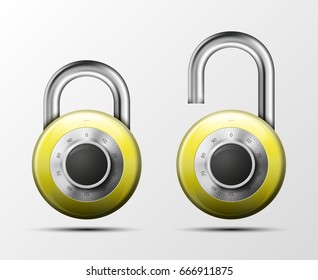 Vector realistic open & close padlock. Steel Mechanical Combination lock. Privacy illustration Enter the PIN code. Electronic lock icon. Reliable Protection badge. Code combination open & close symbol