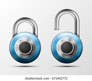 Vector realistic open & close padlock. Steel Mechanical Combination lock. Privacy illustration Enter the PIN code. Electronic lock icon. Reliable Protection badge. Code combination open & close symbol