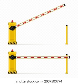 Vector realistic open and closed car barrier. Barricade, road block for parking entrance.