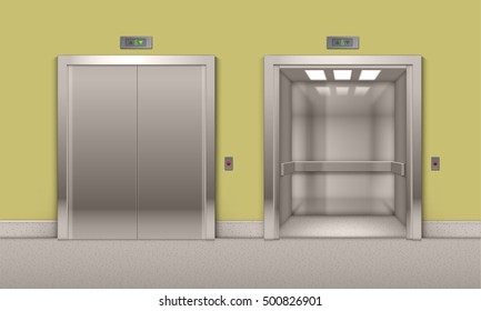 Vector Realistic Open and Closed Chrome Metal Office Building Elevator Doors Isolated on Background