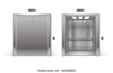 Vector Realistic Open and Closed Chrome Metal Office Building Elevator Doors Isolated on Background