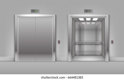 Vector Realistic Open and Closed Chrome Metal Office Building Elevator Doors Isolated on Background