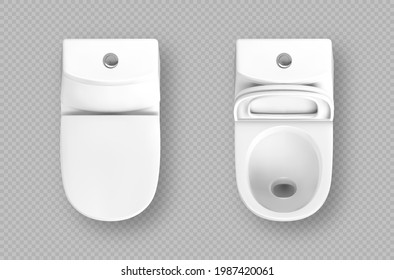 Vector realistic open and closed white modern ceramic toilet. Top view toilet bowl. 