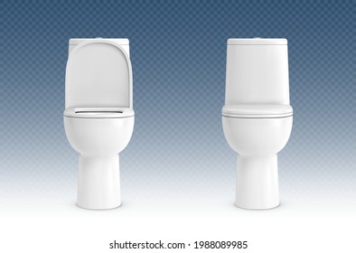 Vector realistic open and closed white modern ceramic toilet.