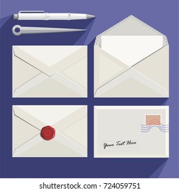 Vector realistic Open and Closed white envelope from four side with invitation card, postmark, Postage stamp, wax seal, pen and paper knife. mock up isolated from the background. Easy to change color.