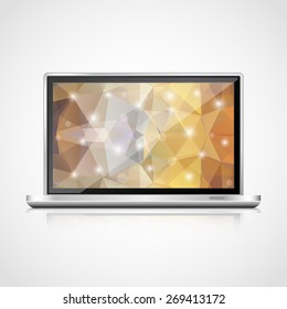 Vector realistic open  laptop with shadow,polygonal background ,over white.Electronic device. High detailed.Template