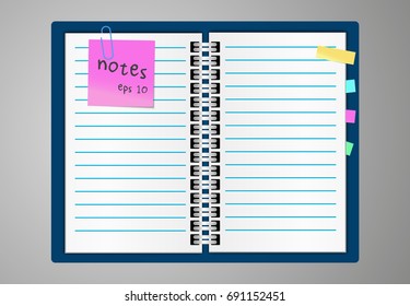 Vector realistic open notebook. Vertical blank copybook with metallic silver spiral and color notes.