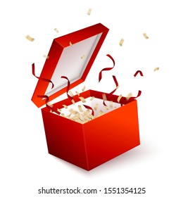 Vector realistic open red gift box with popping out confetti and ribbons, isolated on white background.