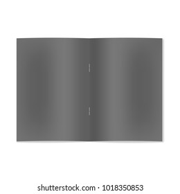 Vector realistic opened black notebook, brochure or magazine on staple mockup with sheet of A4. Blank front view of centre pages of sketchbook or notepad template for store catalog, cafe menu design