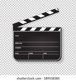 Vector realistic opened clapperboard isolated on transparent background.