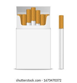 Vector Realistic Opened Clear Blank Cigarette Pack Box and Cigarette Set Closeup Isolated on Transparent Background. Design Template. Smoke Problem Concept, Tobacco, Cigarette Mockup. Front View