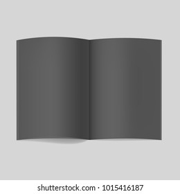 Vector realistic opened fashion black book, journal or magazine mockup with sheet of A4. Blank open pages of sketchbook or notebook template for men elegant catalog, brochure design
