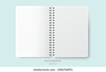 Vector realistic opened notebook with lined paper sheet. Spiral notepad blank mockup A4.