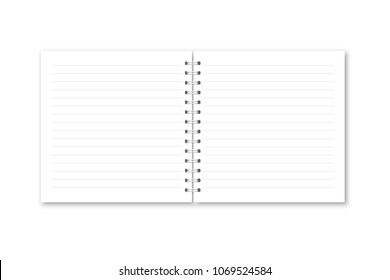 Vector realistic opened notebook. Square white metallic spiral bound blank copybook lined. Template mock up of organizer or diary isolated.