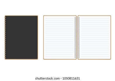 Vector realistic opened notebook. Vertical blank copybook with metallic silver spiral. Template (mock up) of organizer or diary isolated. Horizontal lined notebook