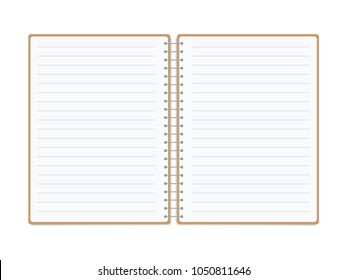 Vector realistic opened notebook. Vertical blank copybook with metallic silver spiral. Template (mock up) of organizer or diary isolated. Horizontal lined notebook