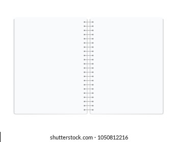 Vector realistic opened notebook. Vertical blank copybook with metallic silver spiral. Template (mock up) of organizer or diary isolated.