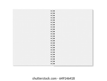 Vector realistic opened notebook. Vertical blank copybook with metallic silver spiral. Template (mock up) of organizer or diary isolated. Horizontal cell lined notebook. A4.