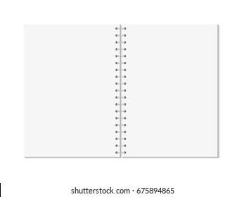 Vector realistic opened notebook. Vertical blank copybook with metallic silver spiral. Template (mock up) of organizer or diary isolated. The view from the top.