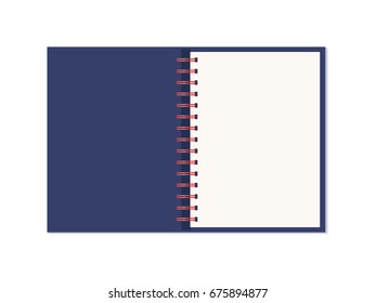 Vector realistic opened notebook. Vertical blank copybook with metallic spiral. Template (mock up) of organizer or diary isolated. The view from the top.
