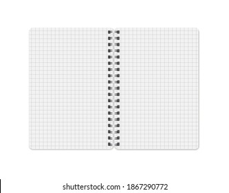 Vector Realistic opened Notepad in a cage. Notebook with vertical pages and metal springs. Copybook, booklet, journal, organizer, diary. Empty white mockup. EPS10.