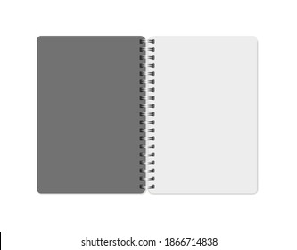 Vector Realistic opened Notepad Notebook with vertical pages and metal springs with grey cover. Copybook, booklet, journal, organizer, diary. Empty white mockup. EPS10.