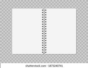 Vector Realistic opened Notepad on transparent background. Notebook with vertical pages and metal springs. Copybook, booklet, journal, organizer, diary. Empty white mockup. EPS10.