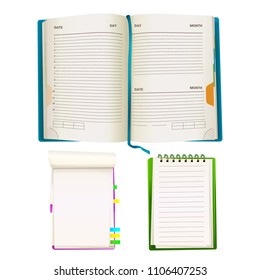 Vector realistic opened notepad organizer planners with blank paper sheets, spiral binders and colorful adhesive stickers or bookmarks. Office, school supplies and objects for education, taking notes.