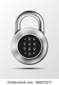 Vector realistic opened padlock. Steel Mechanical Combination lock. Privacy illustration. Enter the PIN code. Electronic open lock icon. Reliable Protection badge. Code combination symbol