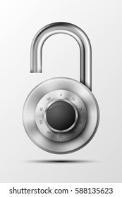 Vector realistic opened padlock. Steel Mechanical Combination lock. Privacy illustration. Enter the PIN code. Electronic open lock icon. Reliable Protection badge. Code combination symbol