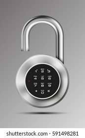 Vector realistic opened padlock. Steel Mechanical Combination lock. Privacy illustration. Enter the PIN code. Electronic open lock icon. Reliable Protection badge. Code combination symbol