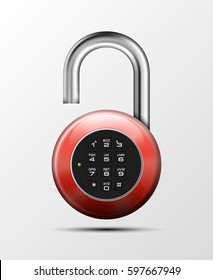 Vector realistic opened padlock. Steel Mechanical Combination lock. Privacy illustration. Enter the PIN code. Electronic open lock icon. Reliable Protection badge. Code combination symbol