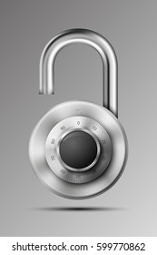 Vector realistic opened padlock. Steel Mechanical Combination lock. Privacy illustration. Reliable Protection badge. Code combination symbol