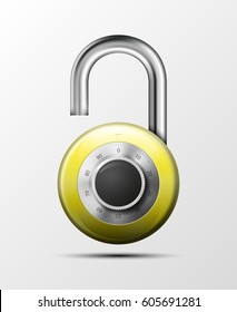 Vector realistic opened padlock. Steel Mechanical Combination lock. Privacy illustration. Enter the PIN code. Electronic open lock icon. Reliable Protection badge. Code combination symbol