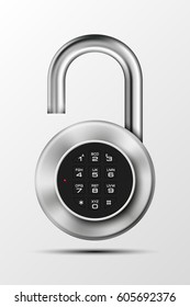 Vector realistic opened padlock. Steel Mechanical Combination lock. Privacy illustration. Enter the PIN code. Electronic open lock icon. Reliable Protection badge. Code combination symbol