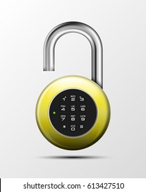 Vector realistic opened padlock. Steel Mechanical Combination lock. Privacy illustration. Enter the PIN code. Electronic open lock icon. Reliable Protection badge. Code combination symbol