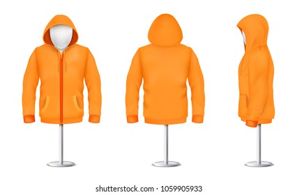 Vector realistic orange hoodie with zipper on mannequin and metal pole, casual unisex model with long sleeves and pockets, sweatshirt with hood isolated on background. Mockup for clothes design