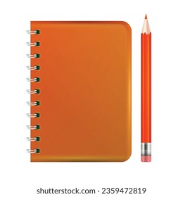 Vector realistic orange notebook and pencil isolated on white background vector illustration