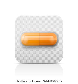 Vector Realistic Orange Pharmaceutical Medical Pill, Vitamins, Capsule in Blister Closeup Isolated. Pill in Blister Packaging Design Template. Front View. Medicine, Health Concept