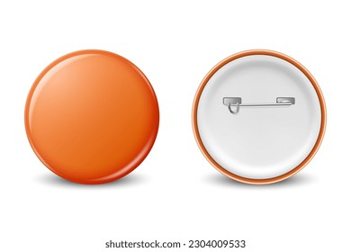 Vector Realistic Orange Round Blank Empty Button Badge Set Closeup Isolated on White Background, Front, Back View. Button Pin Badge Design Template. Brooch Pin for Branding, Mockup