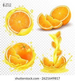 Conjunto laranja realista vetorial isolado no fundo branco. Esmaltes transparentes de diferentes formas. Citrinos naturais que caem em um fluxo de suco recentemente espremido. Elemento de design