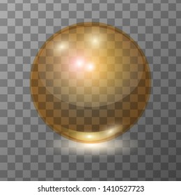 Vector realistic orange transparent glass ball, shine sphere or soap bubble with patch of light on dark background. 3D illustration.