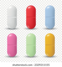 Vector Realistic Oval Pharmaceutical Medical Pills, Tablets, Vitamins, Capsule Set Closeup Isolated. Pills Design Template, Collection. Front View. Medicine, Health Concept