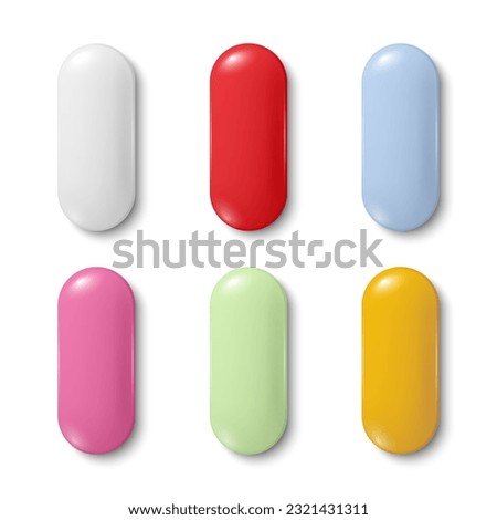 Vector Realistic Oval Pharmaceutical Medical Pills, Tablets, Vitamins, Capsule Set Closeup Isolated. Pills Design Template, Collection. Front, Top View. Medicine, Health Concept
