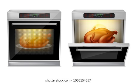 Vector realistic oven with baked turkey on white plate inside, with open and close door isolated on background. Process of baking chicken in modern multifunction stove with touch menu and timer
