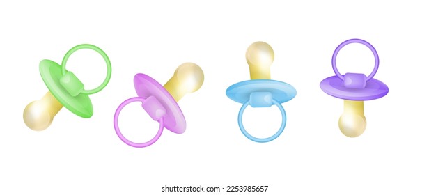 Pacificadores vectoriales realistas, iconos de bebé 3d. Cuatro comodidades. Elementos de diseño en tonos pastel. 