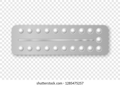 Vector Realistic Packaging of Birth Control Pills in Blister Closeup Isolated. Contraceptive Pill, Hormonal Tablets. Design Template of Women Drugs for Mockup. Planning Pregnancy. Top View